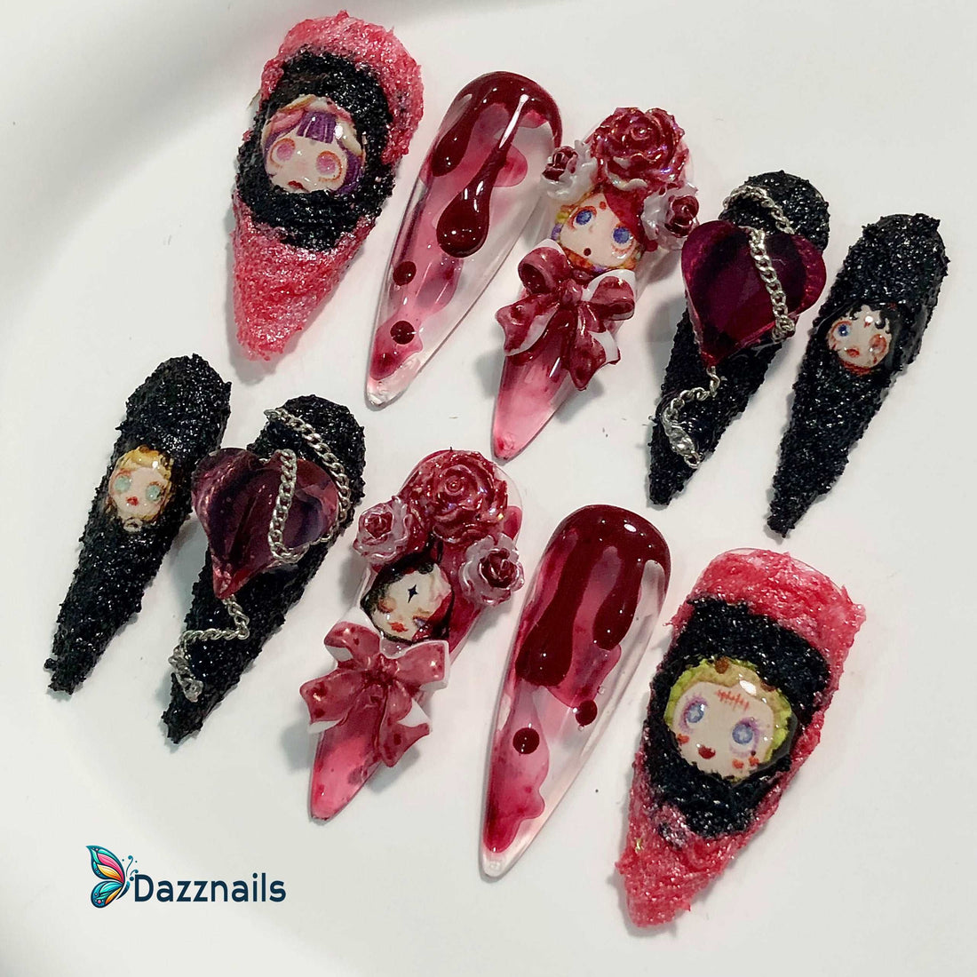 Handmade Halloween Press on Nails - 3D Gothic Doll Red Heart Design.