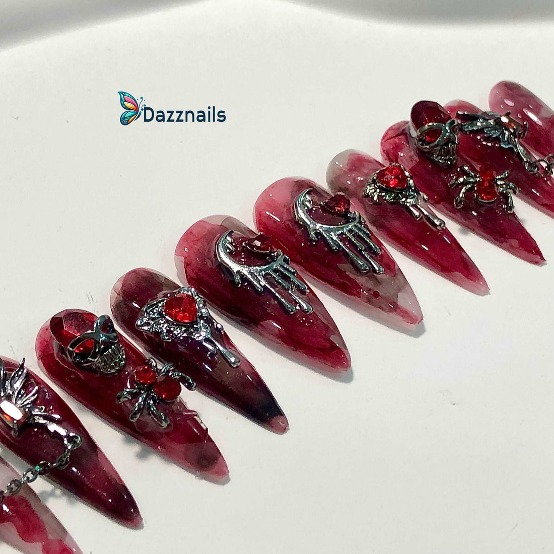 Handmade Halloween Press on Nails - Witchy 3D Red Ruby Silver Chain Design.