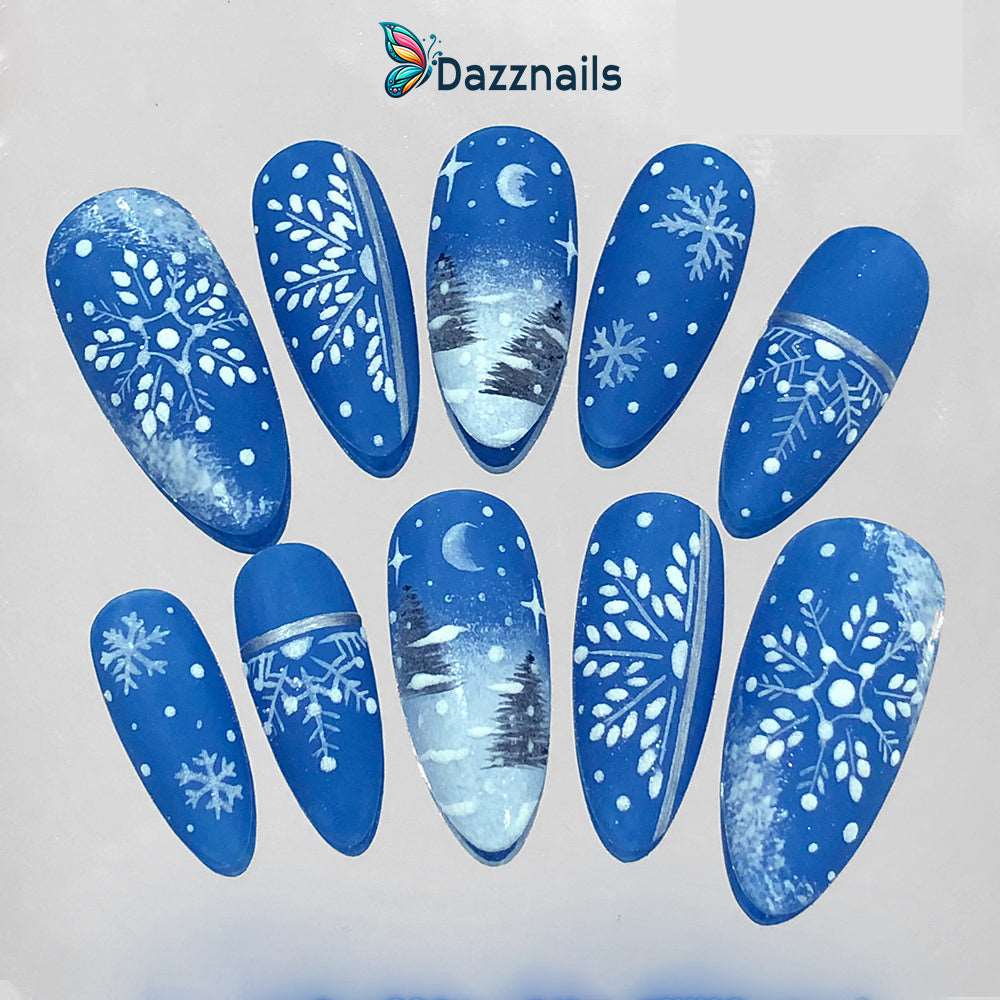 Handmade Christmas Press On Nails - White & Blue Snowflake Winter Design.