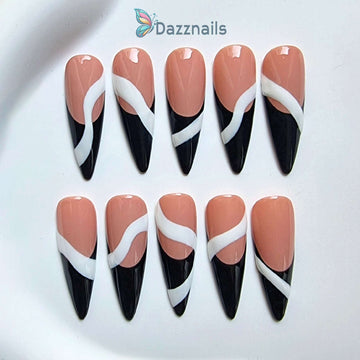 Handmade Pink & Black Press on Nails - White Pattern Beautiful Trendy Design.
