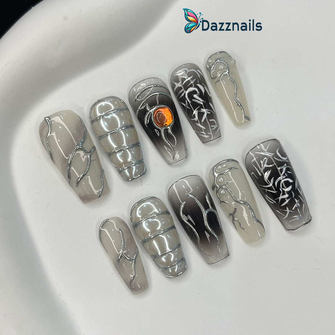 Handmade Silver Gothic Press on Nails - Metallic Black & Clear Y2K Design.