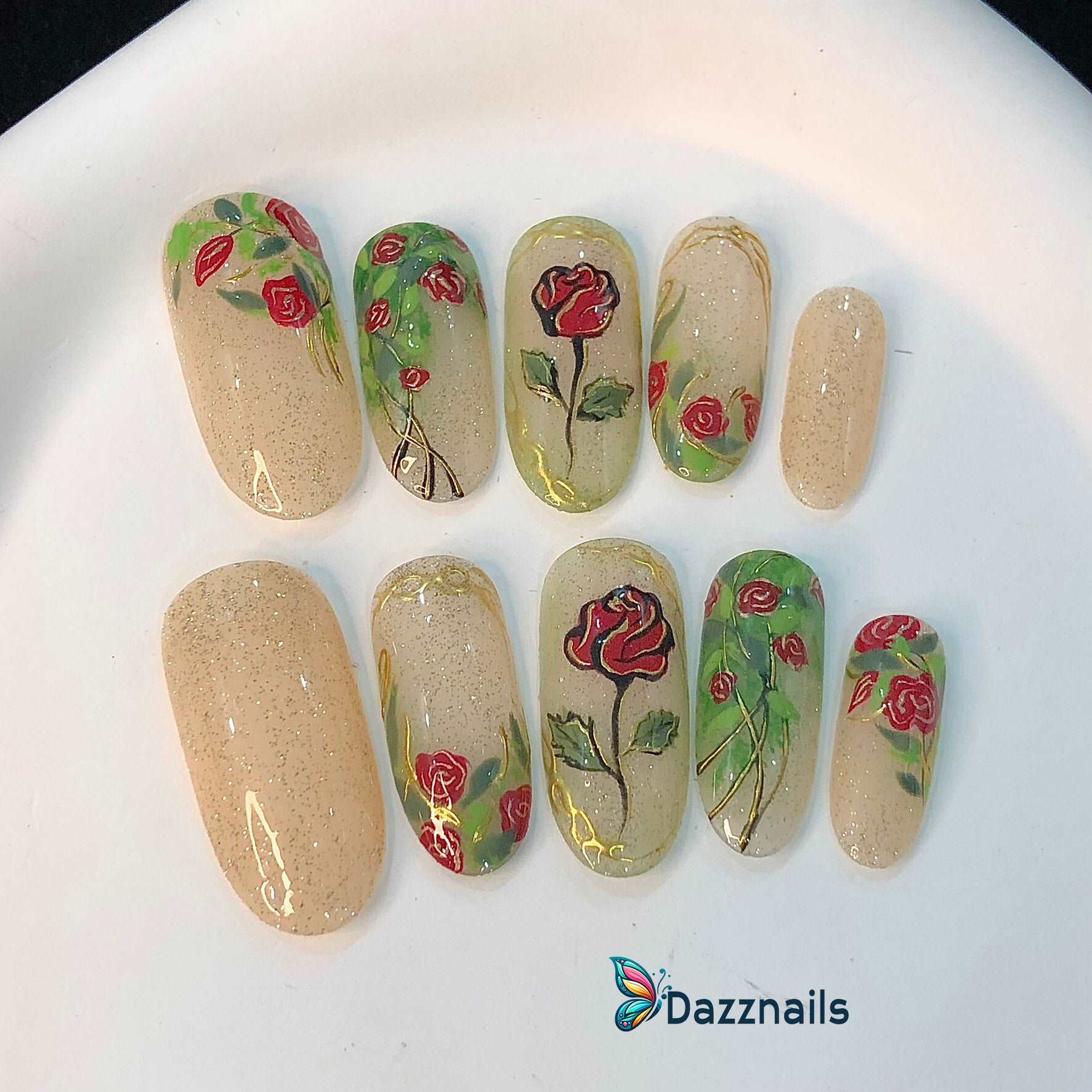 Handmade Spring Press on Nails - Golden Red Leaf Flower Rose Design.