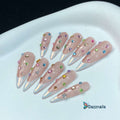 Handmade Crystals French Tip Press On Nails - Pink Rainbow Rhinestone Design.