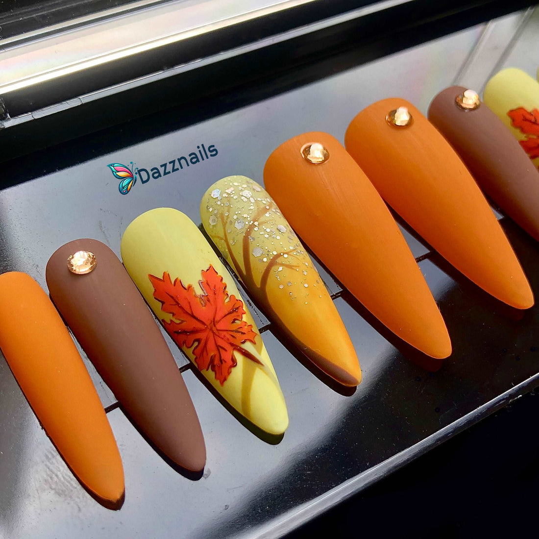 Handmade Autumn Press On Nails - Maple Leaf in Fall Orange Design.