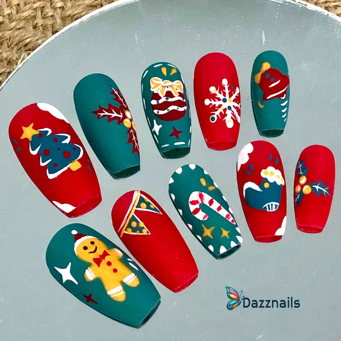 Handmade Christmas Press On Nails - Candy Cane GingerMan Red & Green Design.