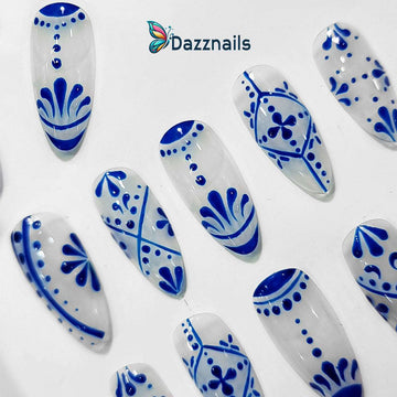 Handmade Elegant Press on Nails - Porcelain Talavera Blue Tiles Design.