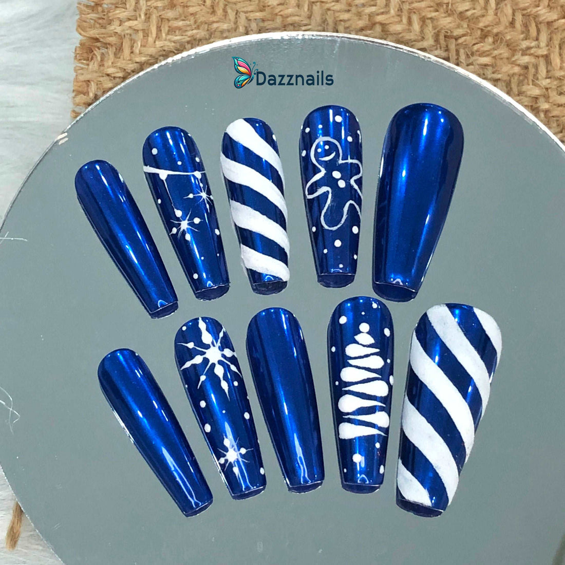 Handmade Christmas Press On Nails - Snowflake Candy Cane Blue & White Design.