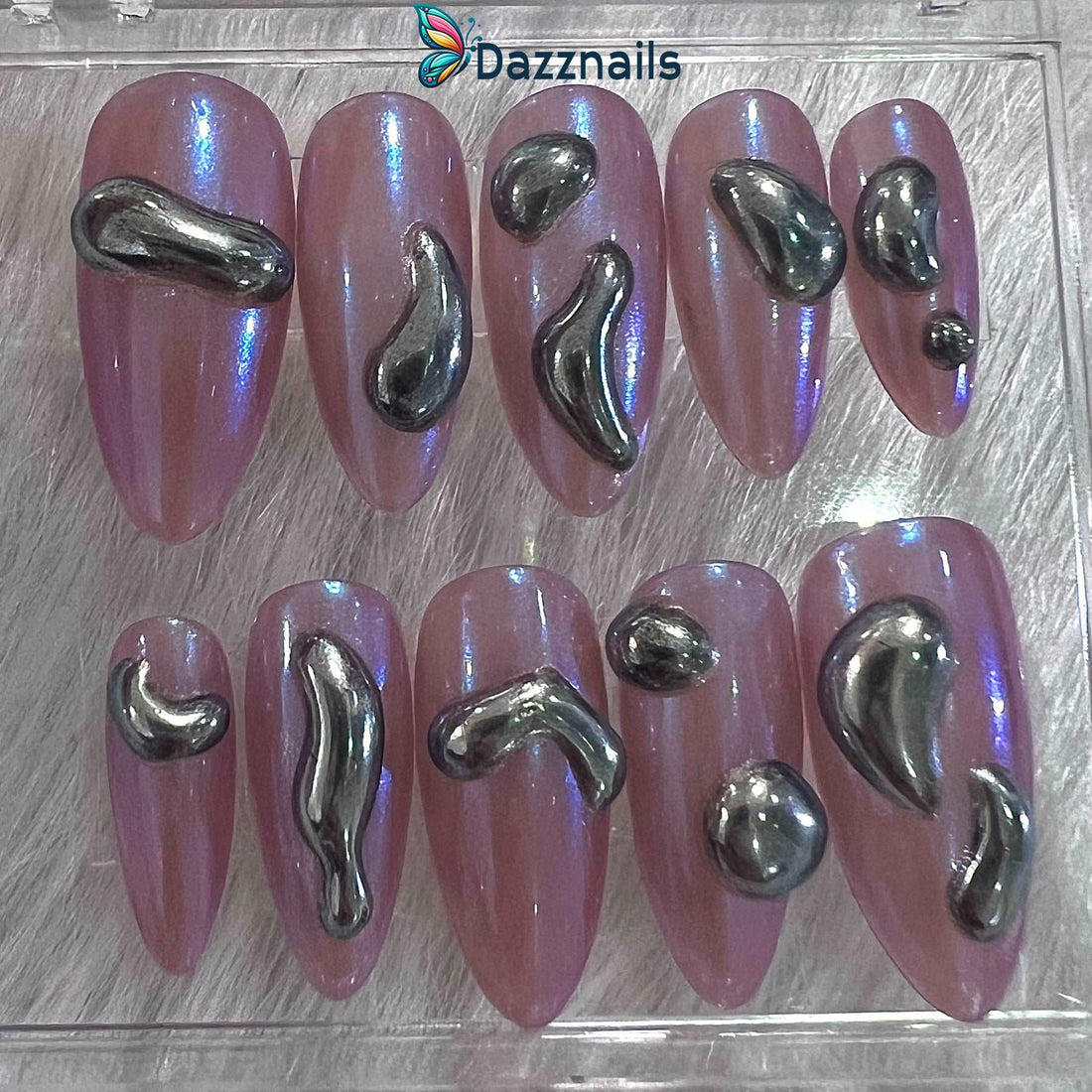 Handmade Free Style in Pink Press On Nails – 3D Silver Drops Design.