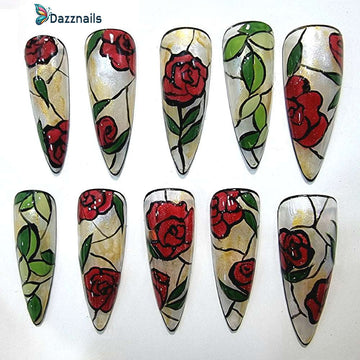 Handmade Flower Rose Press on Nails - Red Spring Elegant Design.