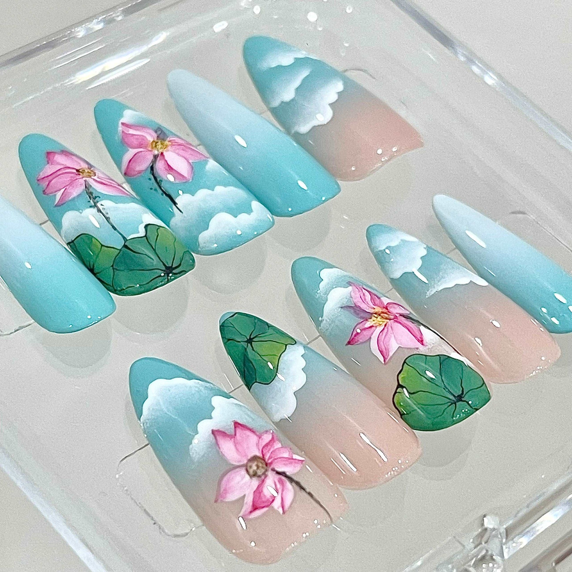 Handmade Spring Lotus Press On Nails - Cloud Blue & White Design.