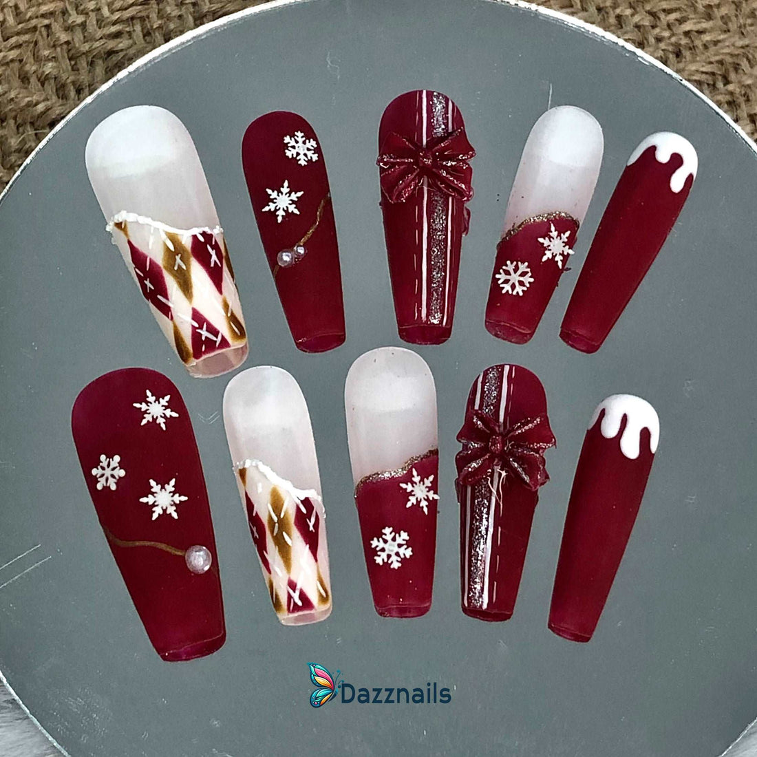 Handmade Christmas Snowflake Press On Nails - Deep Red & White Design.