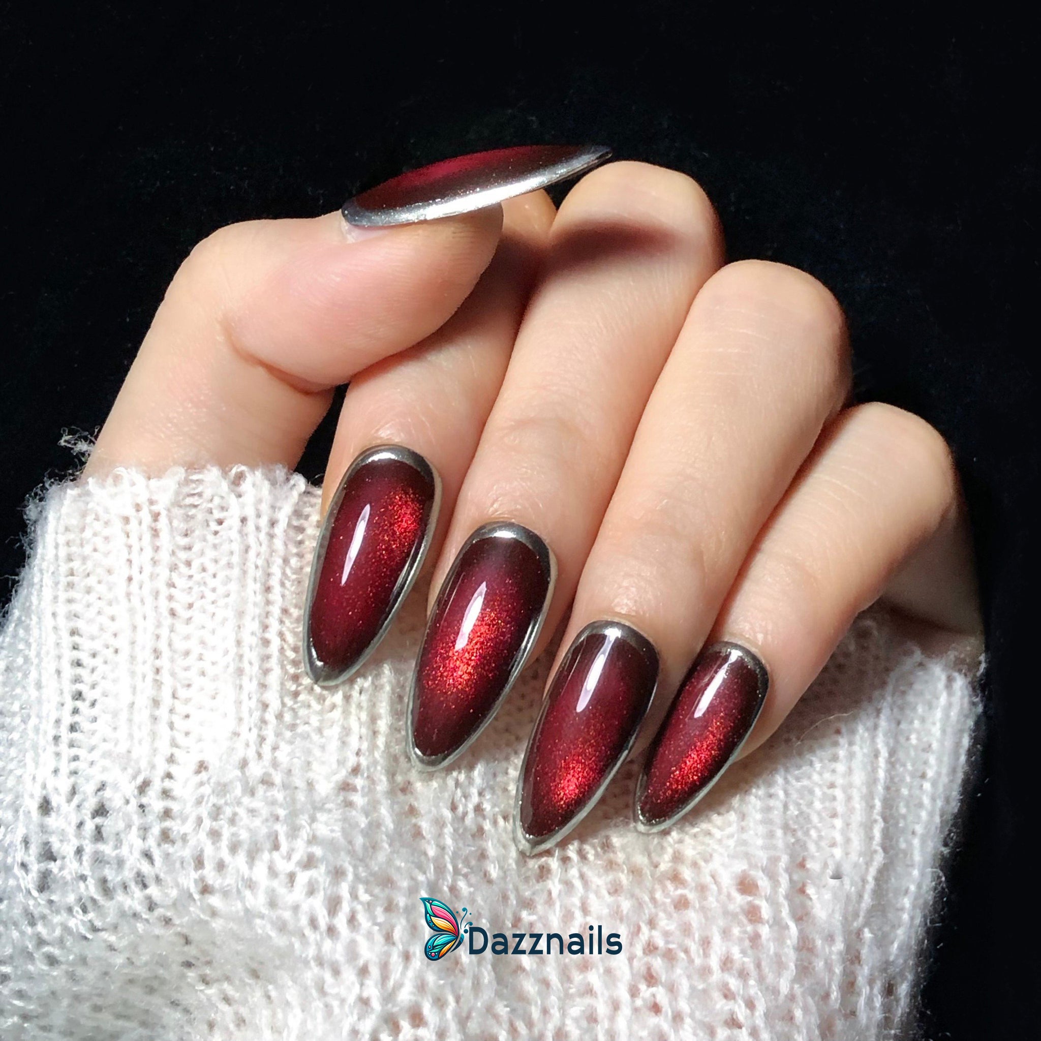 Handmade Magic Cat Eye Press on Nails - Red & Silver Aura Effect Ombre Design.
